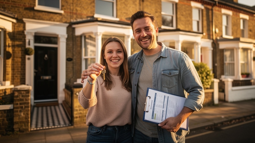 Happy first-time buyer couple outside their new South London home