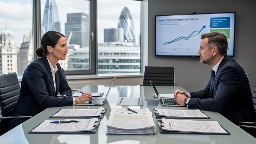 Solicitor and property owner reviewing lease extension documents and valuation reports in London
