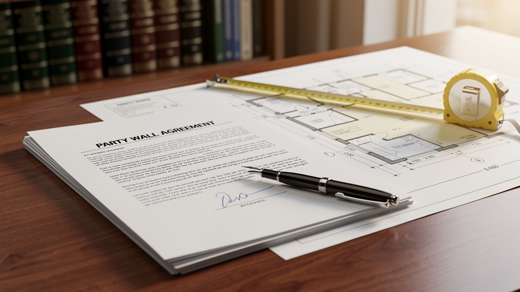 Party wall agreement documents and architectural drawings on a desk