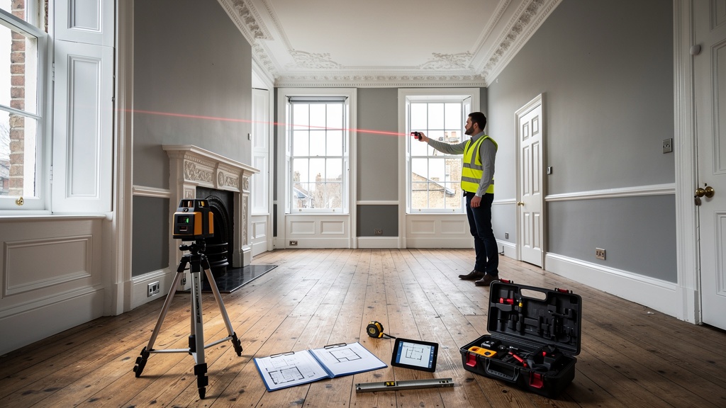 Property surveyor conducting a valuation inspection inside a London flat