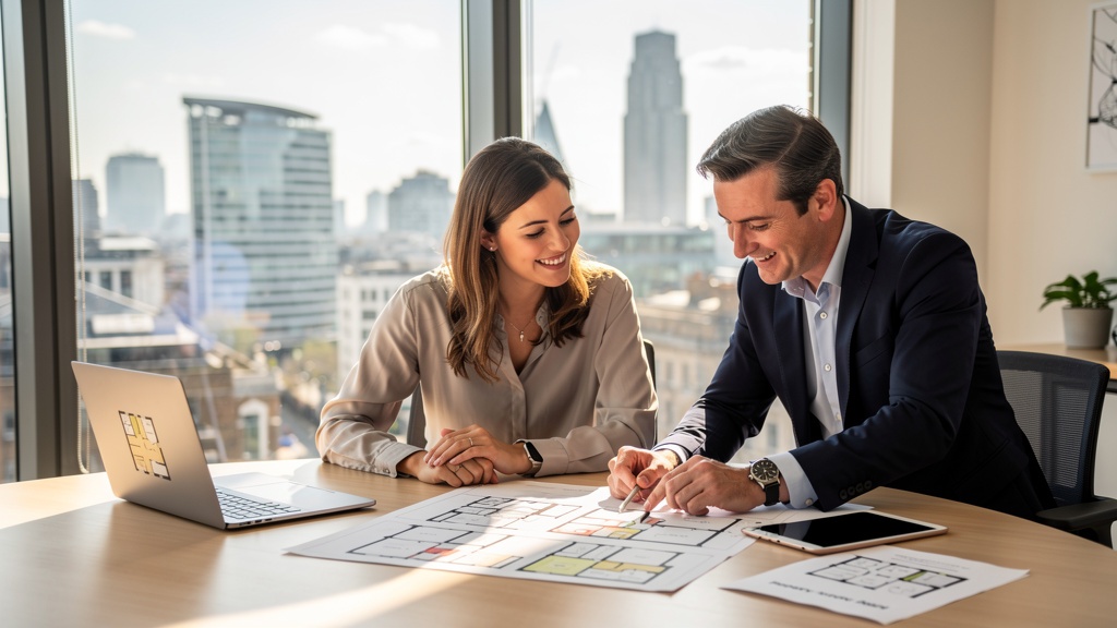 Couple reviewing their property survey report with a Brixton surveyor