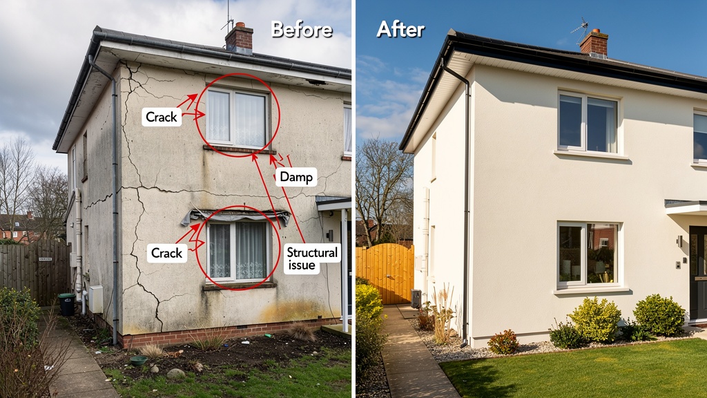 Before and after comparison of property condition issues found in a new build snagging survey