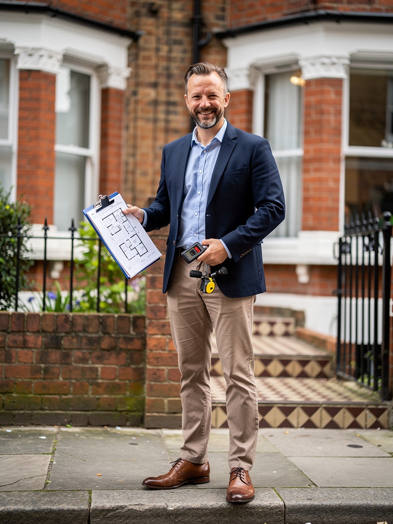James Carter, Principal Chartered Surveyor at Brixton Surveyors, standing outside a Victorian terraced house
