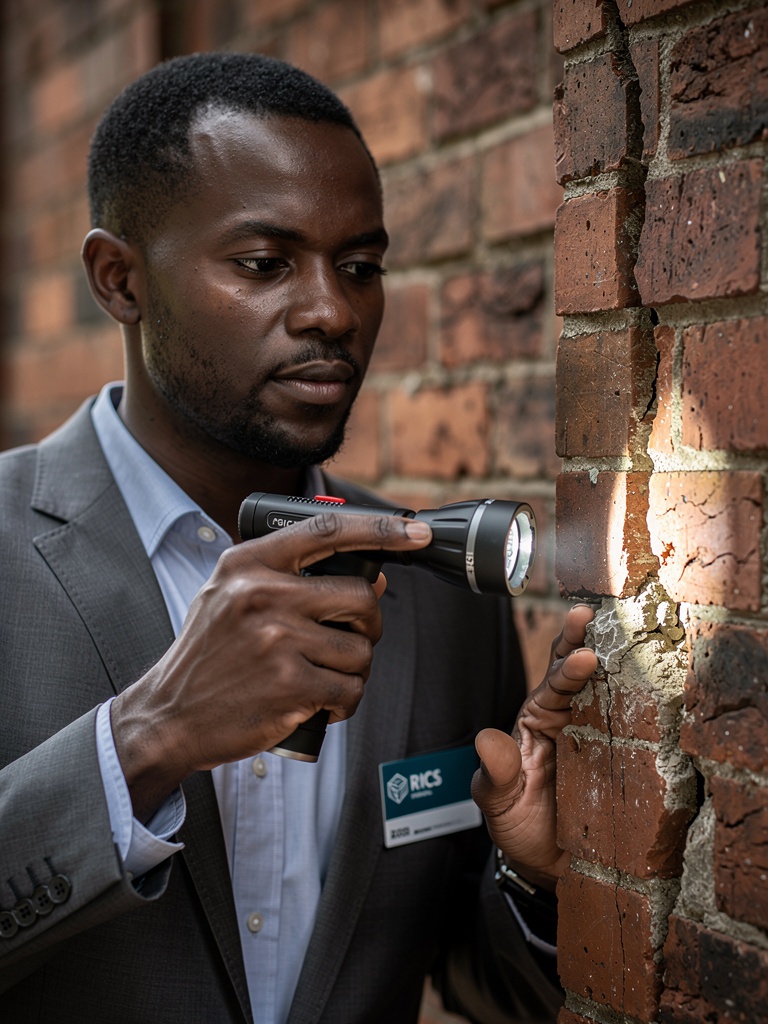 Marcus Okafor, Senior Building Surveyor at Brixton Surveyors, inspecting a Victorian brick wall